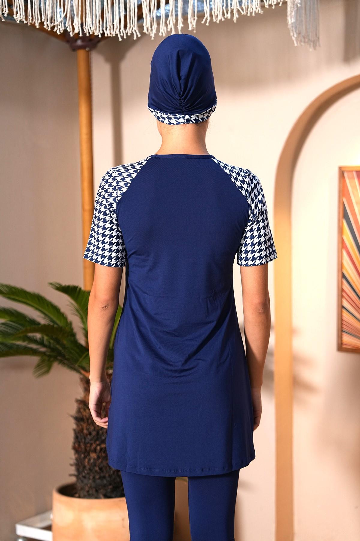 SEBOTEKS Desen Detaylı Kısa Kol Yarı Kapalı Tesettür Mayo 3160