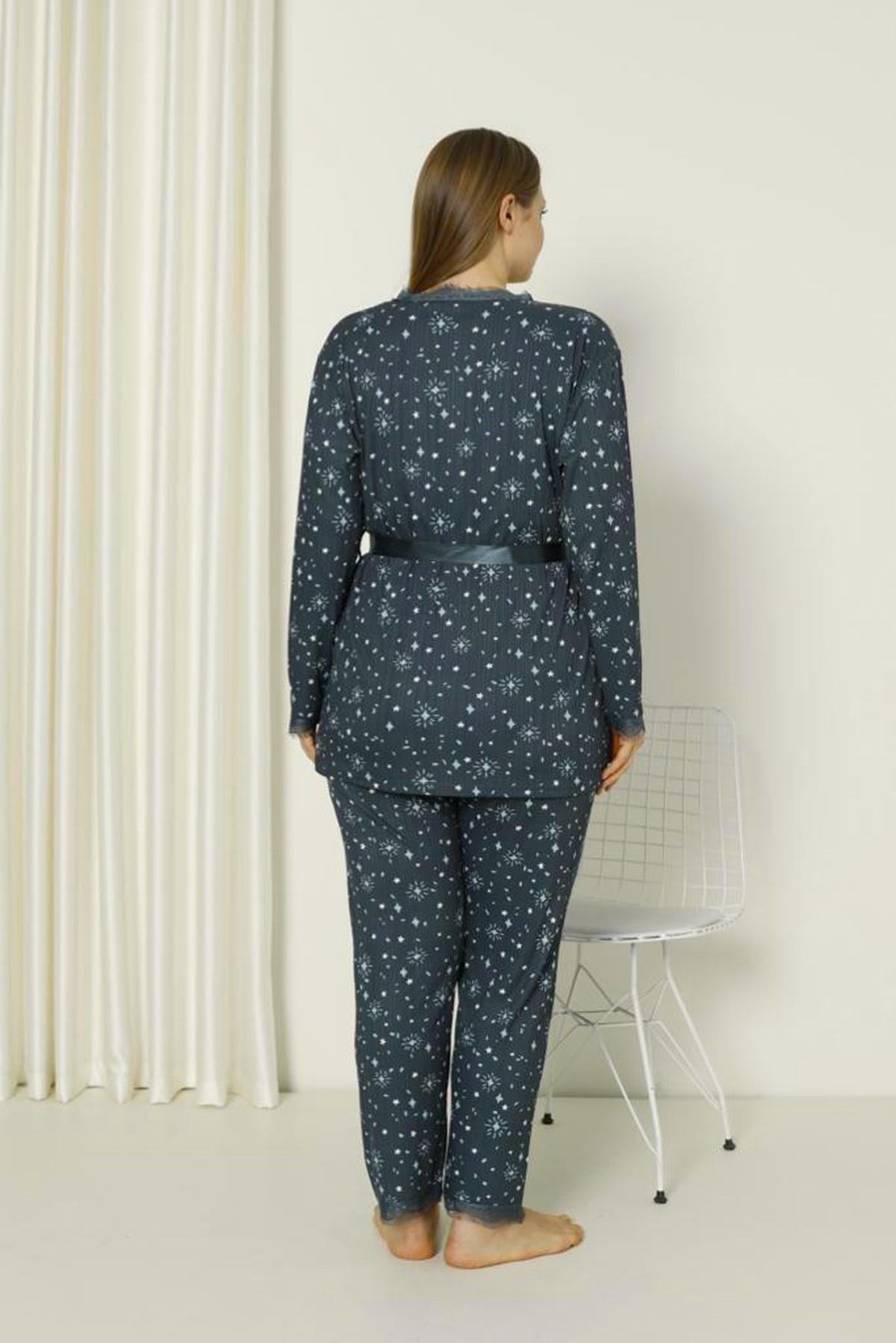 SEBOTEKS İp Askılı Işıltı Desenli Güpür Detaylı Sabahlıklı 3'lü Pijama Takımı 20746