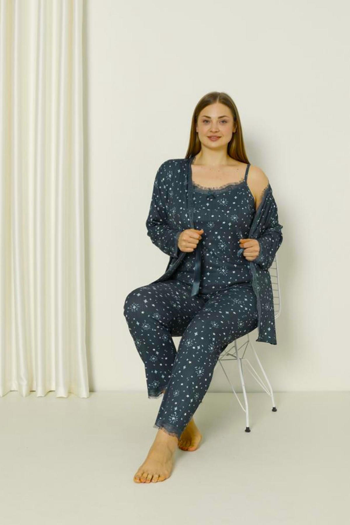 SEBOTEKS İp Askılı Işıltı Desenli Güpür Detaylı Sabahlıklı 3'lü Pijama Takımı 20746
