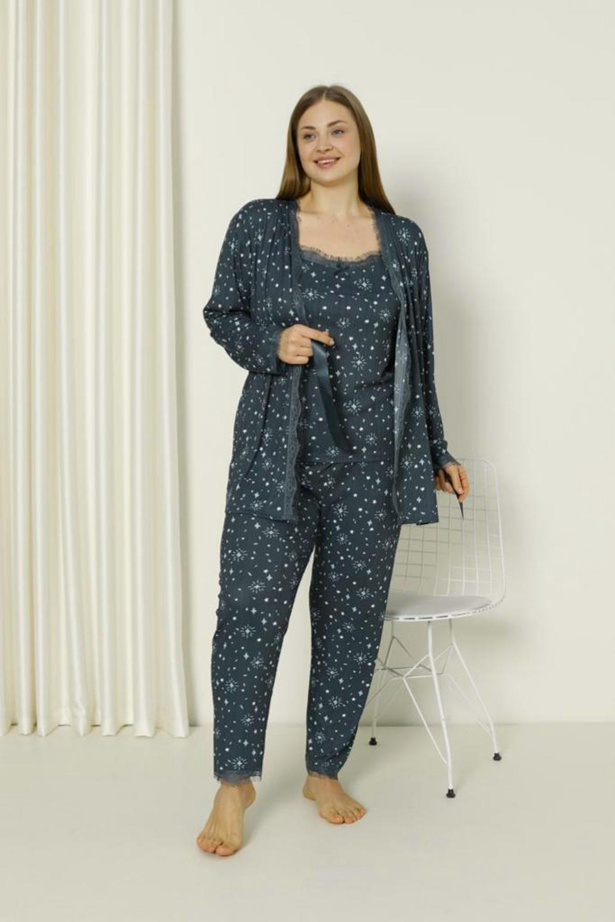 SEBOTEKS İp Askılı Işıltı Desenli Güpür Detaylı Sabahlıklı 3'lü Pijama Takımı 20746