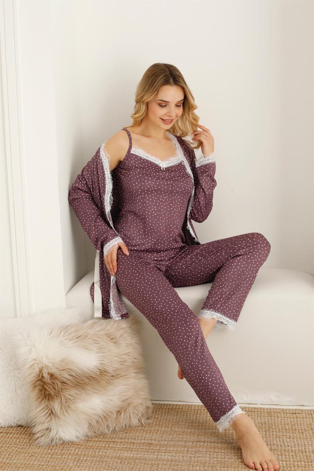 SEBOTEKS İp Askılı Micro Puantiyeli Güpür Detaylı Sabahlıklı 3'lü Pijama Takımı 20346