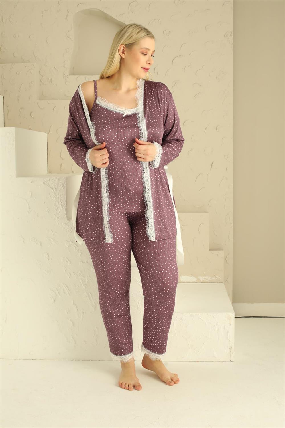 SEBOTEKS İp Askılı Micro Puantiyeli Güpür Detaylı Sabahlıklı 3'lü Pijama Takımı 20346