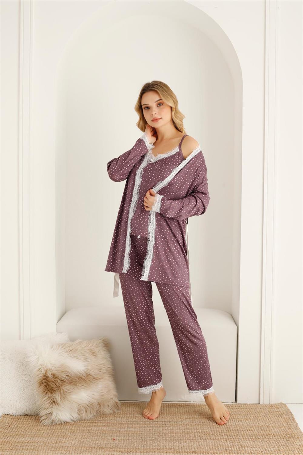SEBOTEKS İp Askılı Micro Puantiyeli Güpür Detaylı Sabahlıklı 3'lü Pijama Takımı 20346