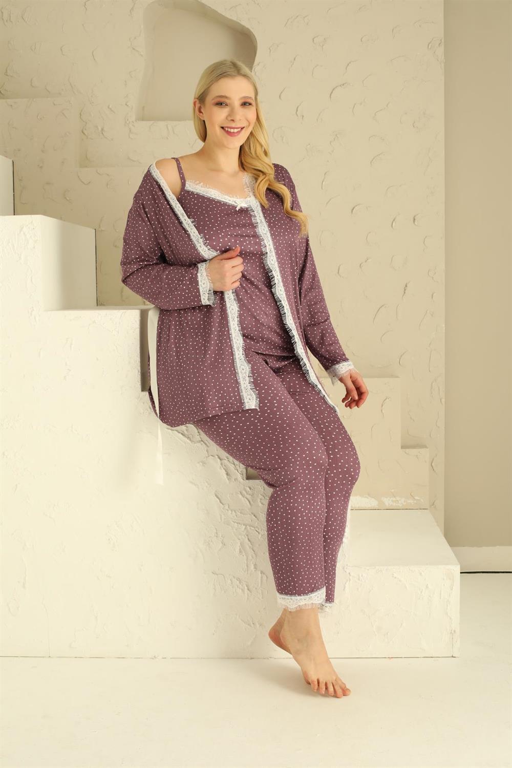 SEBOTEKS İp Askılı Micro Puantiyeli Güpür Detaylı Sabahlıklı 3'lü Pijama Takımı 20346