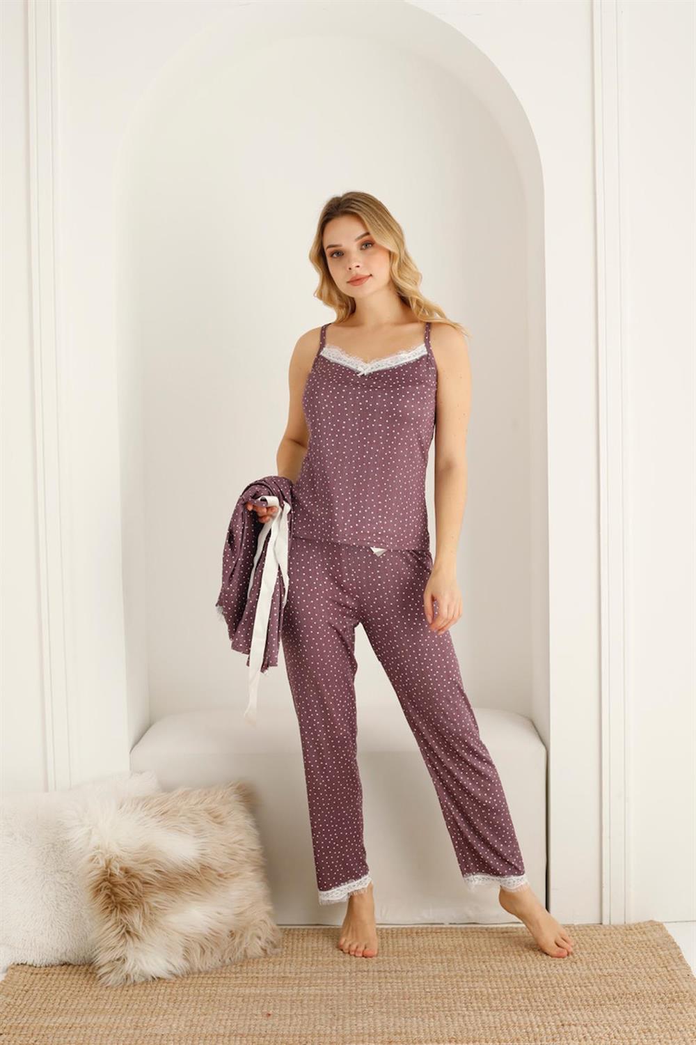 SEBOTEKS İp Askılı Micro Puantiyeli Güpür Detaylı Sabahlıklı 3'lü Pijama Takımı 20346