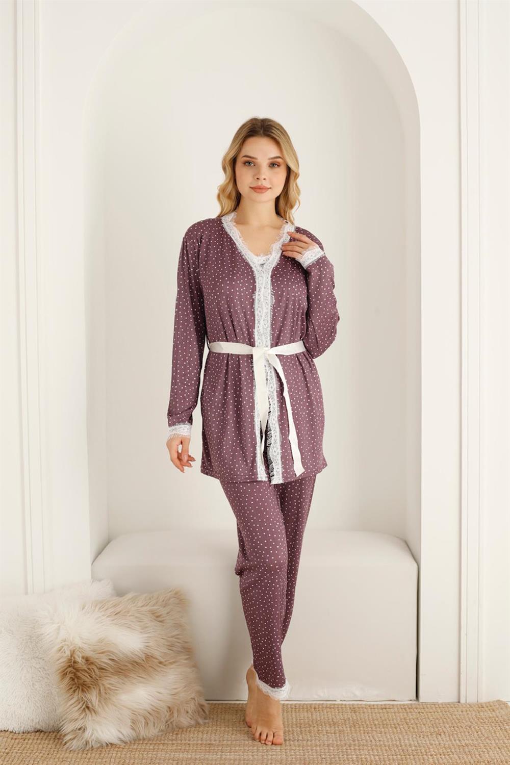 SEBOTEKS İp Askılı Micro Puantiyeli Güpür Detaylı Sabahlıklı 3'lü Pijama Takımı 20346