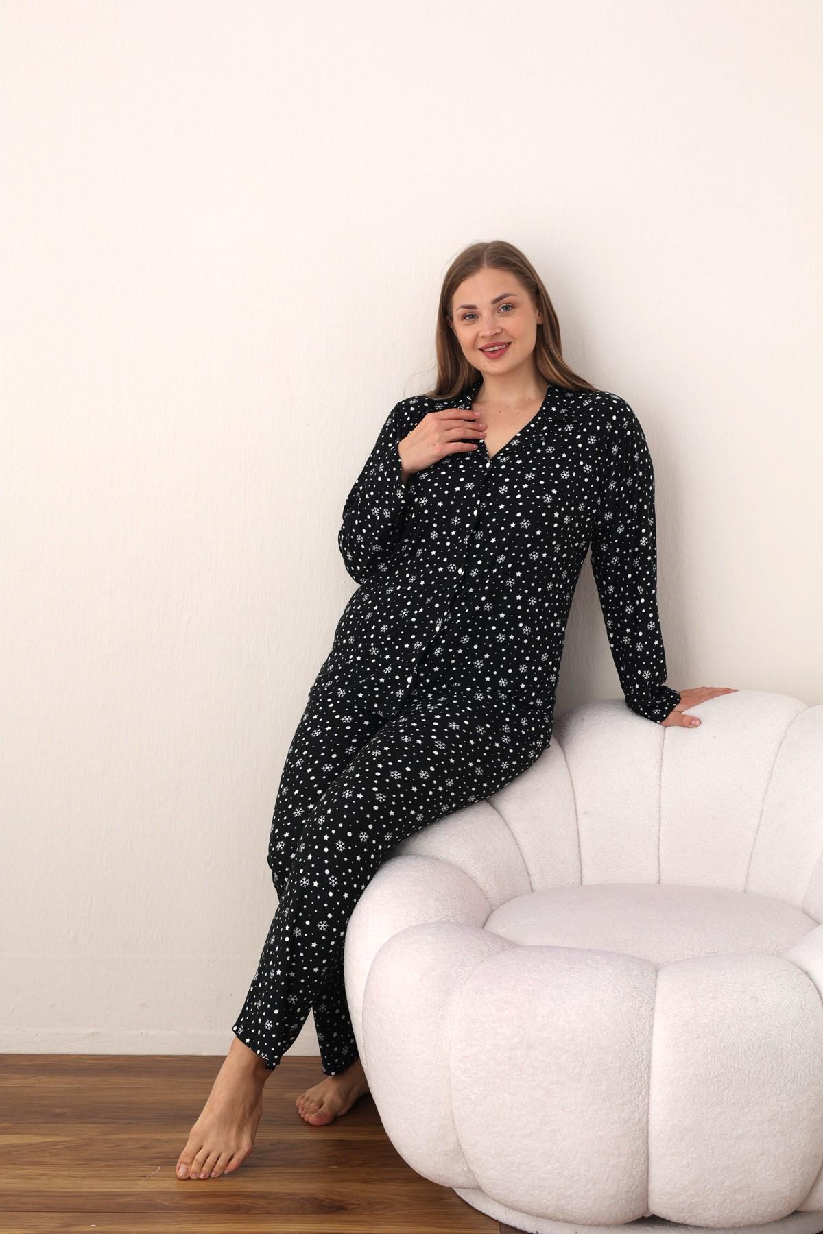 SEBOTEKS Puantiyeli Süet Boydan Düğmeli Büyük Beden Kadın Pijama Takımı 2124