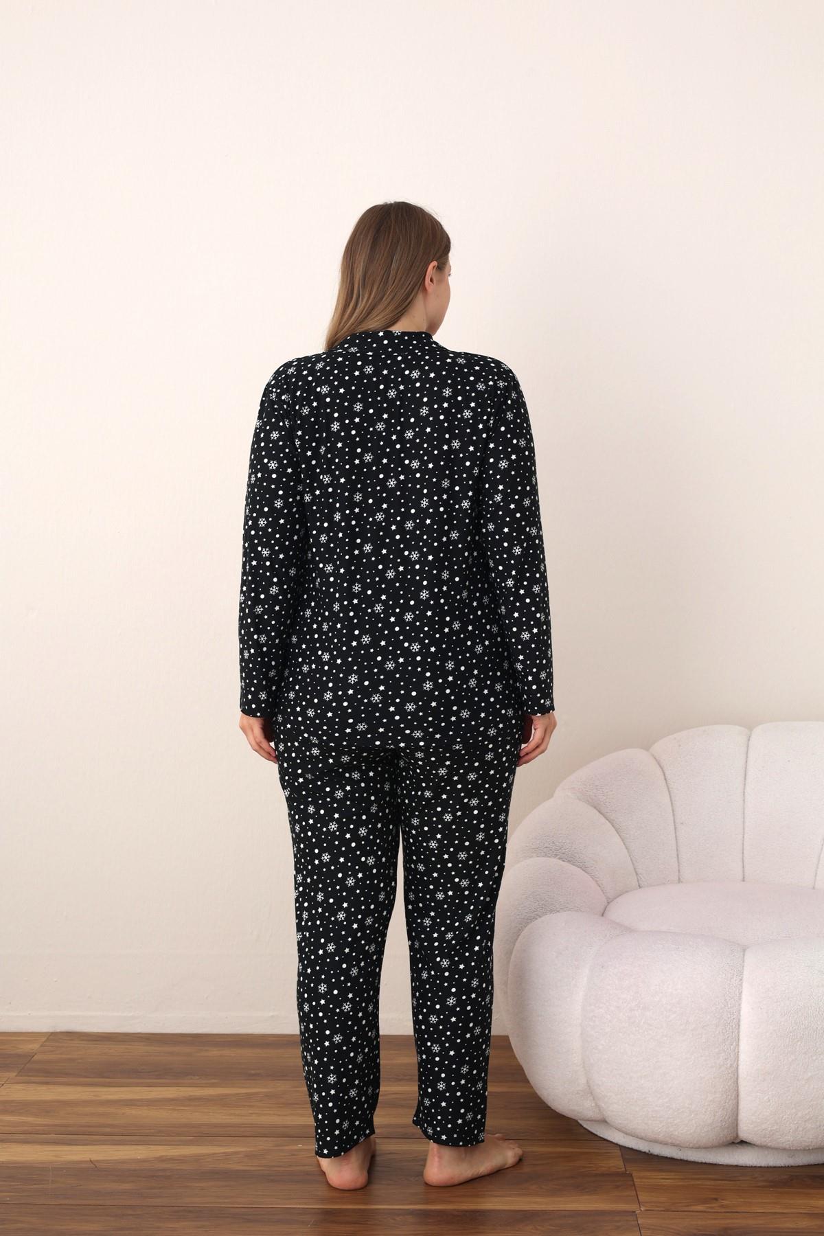 SEBOTEKS Puantiyeli Süet Boydan Düğmeli Büyük Beden Kadın Pijama Takımı 2124