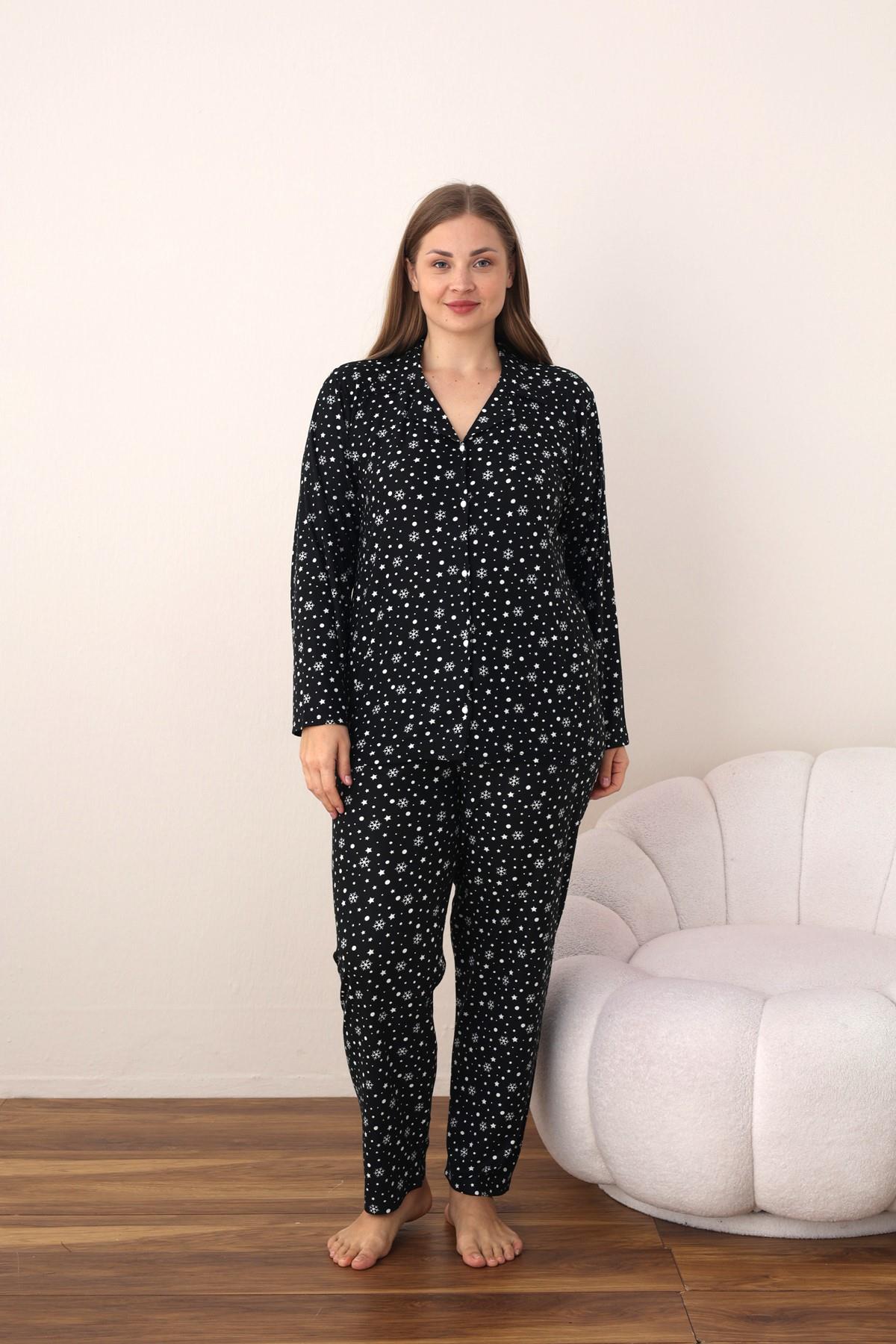 SEBOTEKS Puantiyeli Süet Boydan Düğmeli Büyük Beden Kadın Pijama Takımı 2124