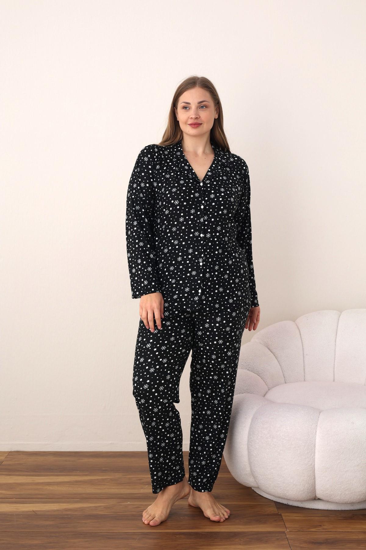SEBOTEKS Puantiyeli Süet Boydan Düğmeli Büyük Beden Kadın Pijama Takımı 2124