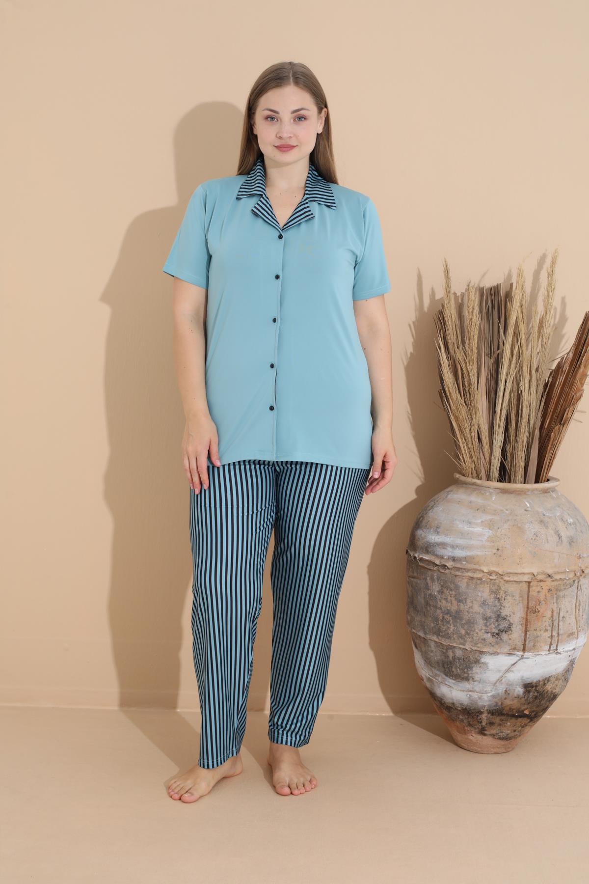 SEBOTEKS Yumuşak Dokulu Milan Kumaş Önden Düğmeli Büyük Beden Kadın Pijama Takımı 11270