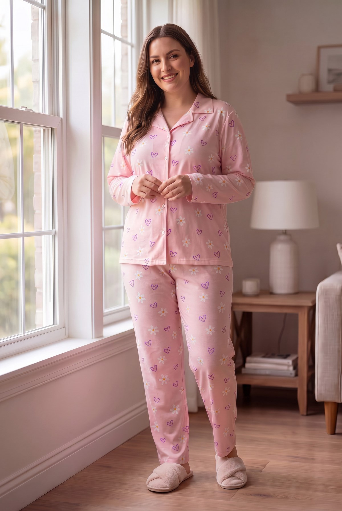 Süet Kumaş Önden Düğmeli Büyük Beden Kadın Pijama Takımı 2800