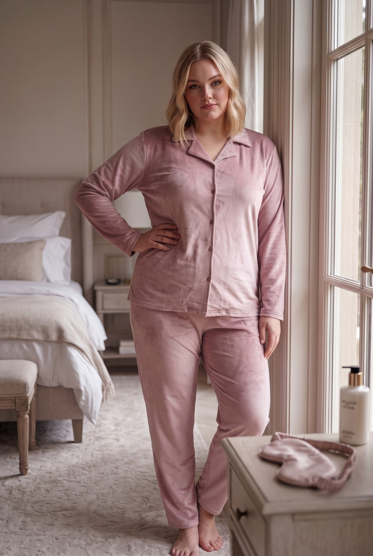 Yumuşak Dokulu Kadife Kumaş Önden Düğmeli Büyük Beden Kadın Pijama Takımı 2600