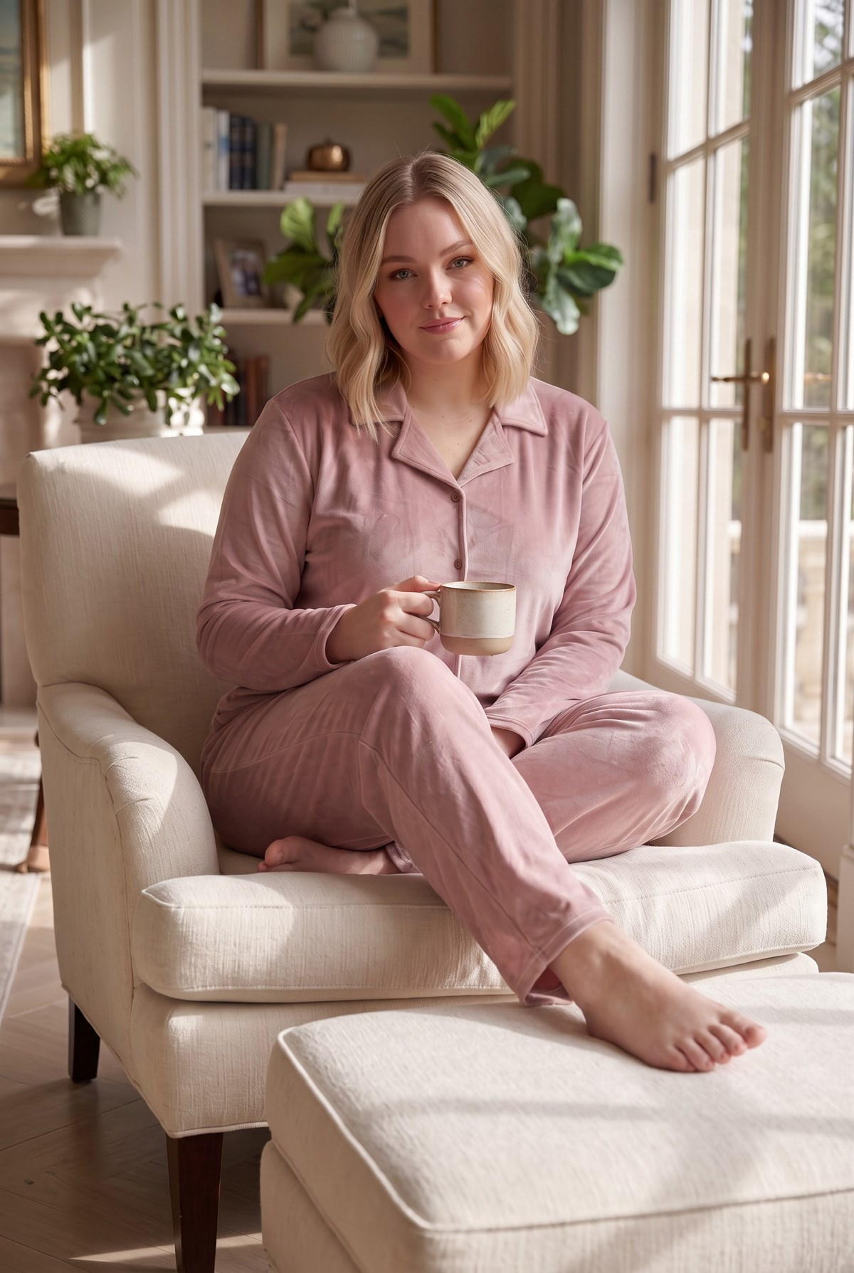 Yumuşak Dokulu Kadife Kumaş Önden Düğmeli Büyük Beden Kadın Pijama Takımı 2600