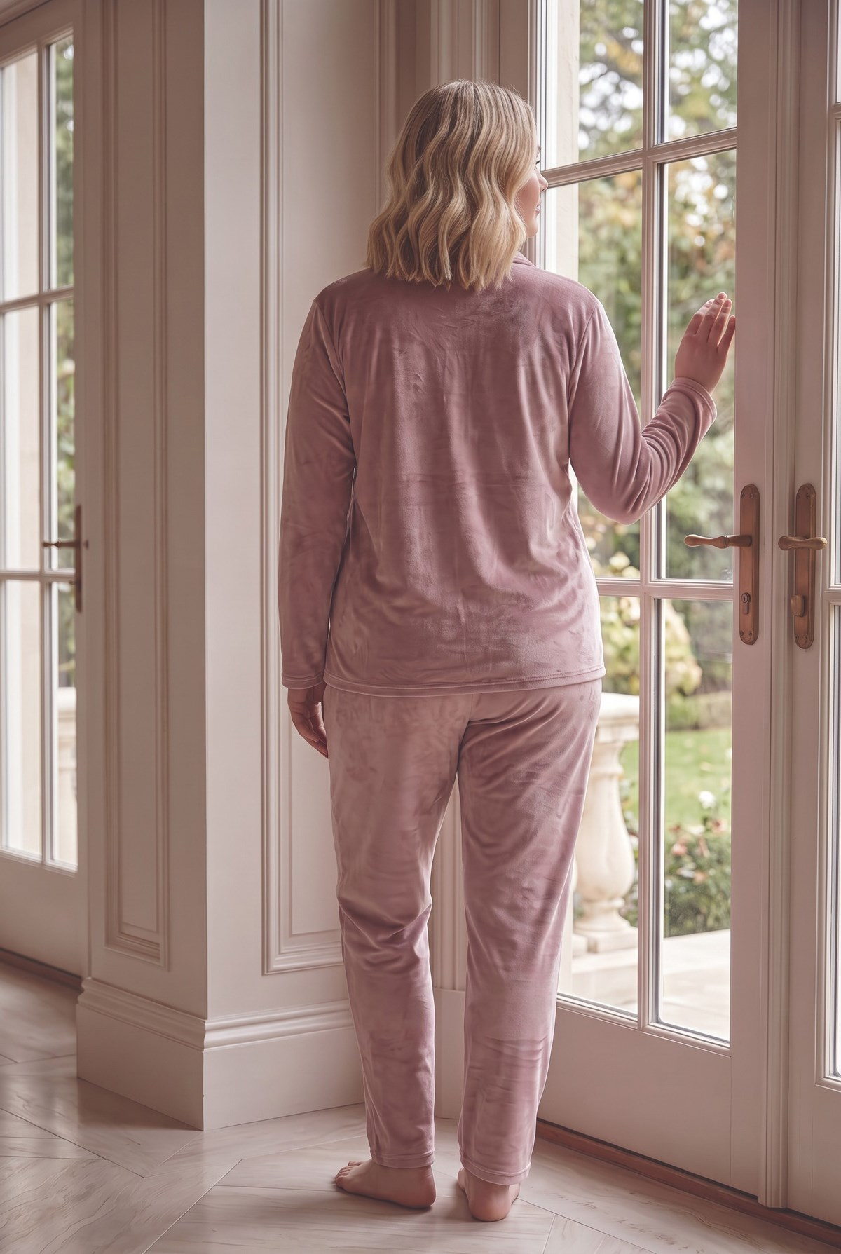 Yumuşak Dokulu Kadife Kumaş Önden Düğmeli Büyük Beden Kadın Pijama Takımı 2600