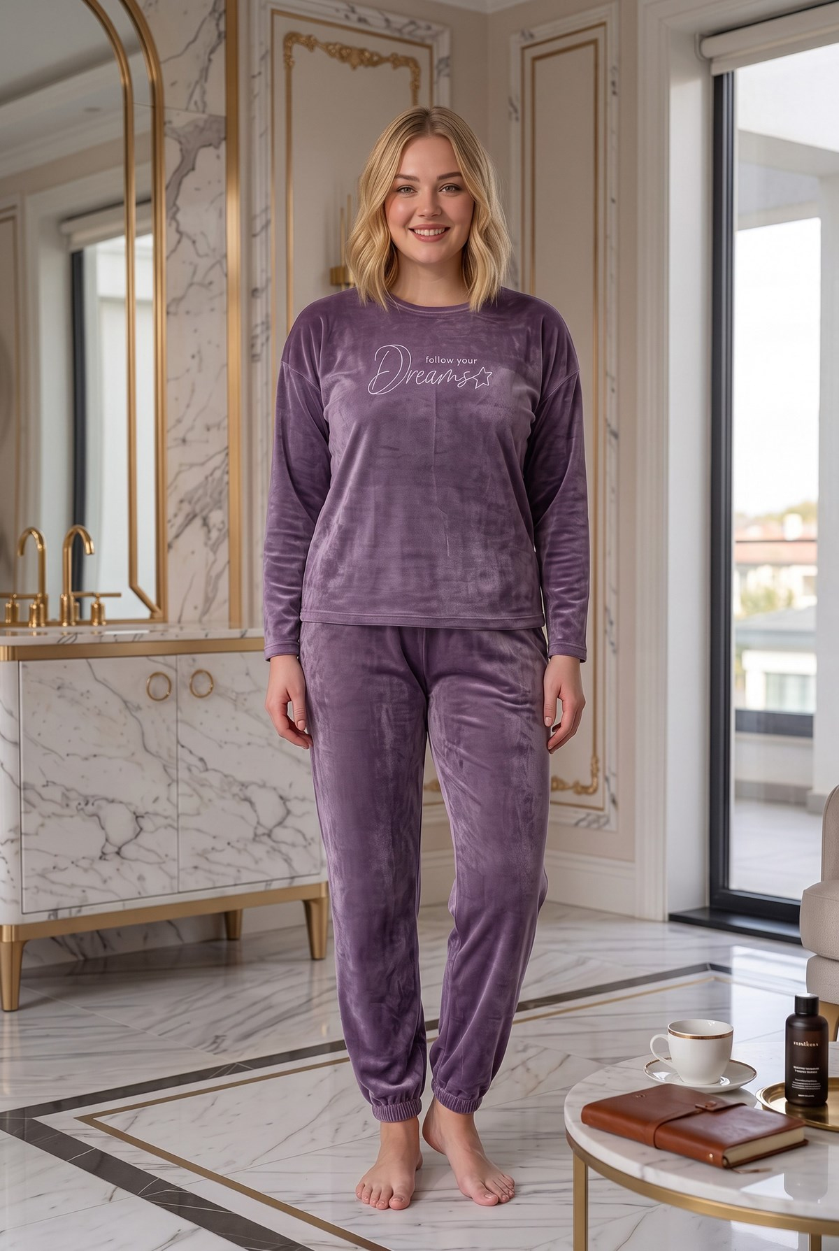 Yumuşak Dokulu Kadife Kumaş Uzun Kollu Büyük Beden Kadın Pijama Takımı 2500