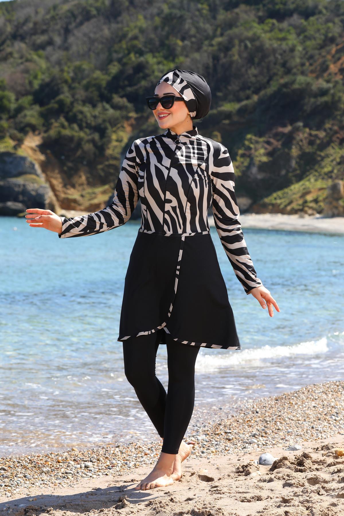 Zebra Desen Pareo Model Taytlı Kapalı Tesettür Mayo 335012