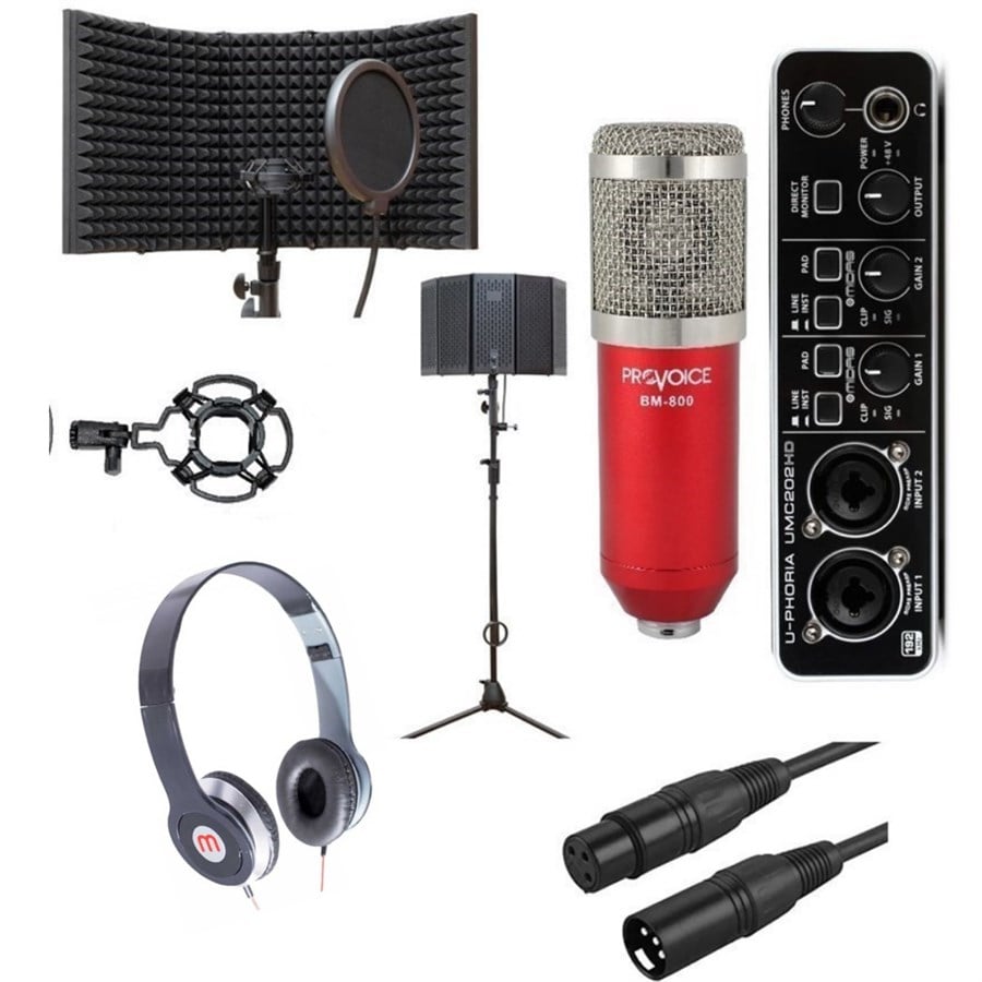 Behringer UMC202HD Ses Kartı +Kulaklık+ Provoice BM-800 Mikrofon, Yalıtım Paneli Kırmızı Kayıt Seti
