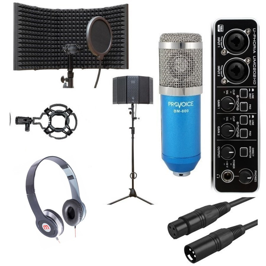 Behringer UMC202HD Ses Kartı +Kulaklık+ Provoice BM-800 Mikrofon, Yalıtım Paneli Mavi Kayıt Seti
