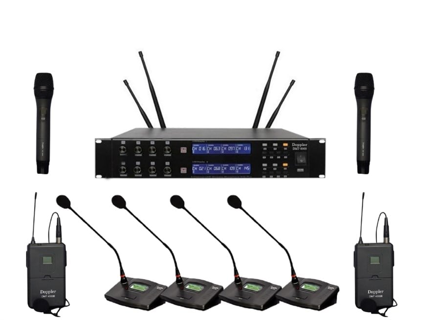 Doppler DMT-8000 2'li El + Yaka 4'lü Kürsü Tipi Kablosuz Mikrofon Sistemi