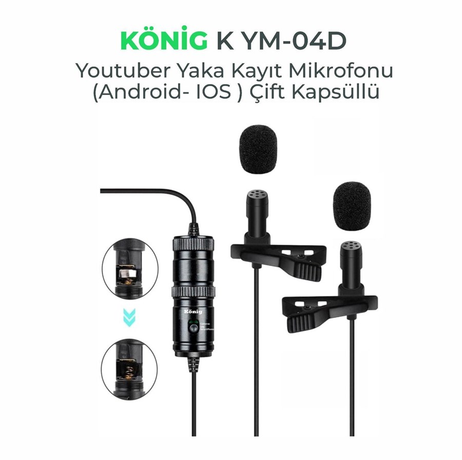 König K-YM 04D Çift Kapsül Kablolu Android-IOS Yaka Mikrofonu