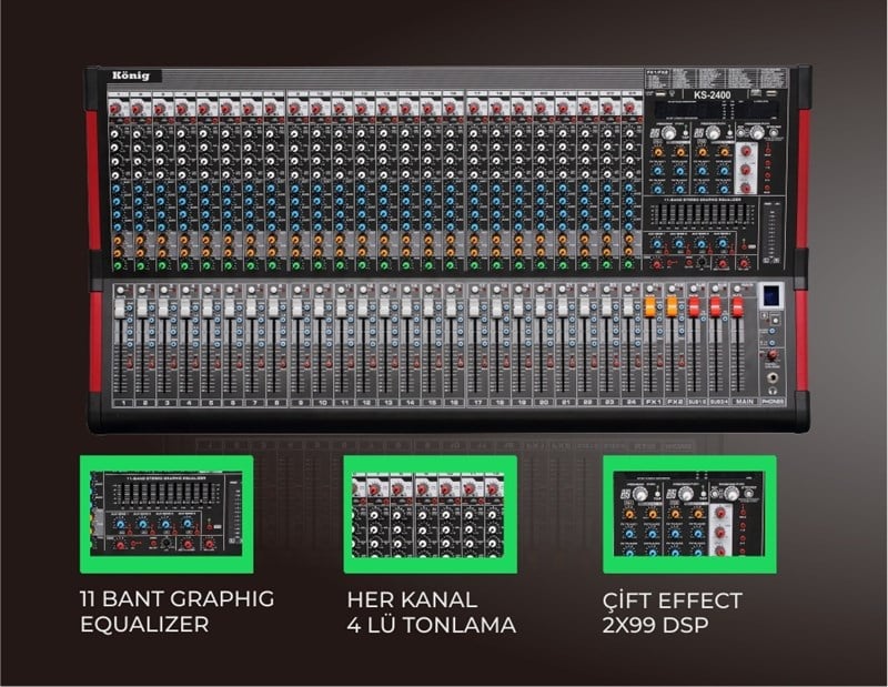 König KS-2400 24 Mono Kanal , 6 Aux , Bluetooth USB/SD/DISK, 2X99 DSP Effect Deck Mikser