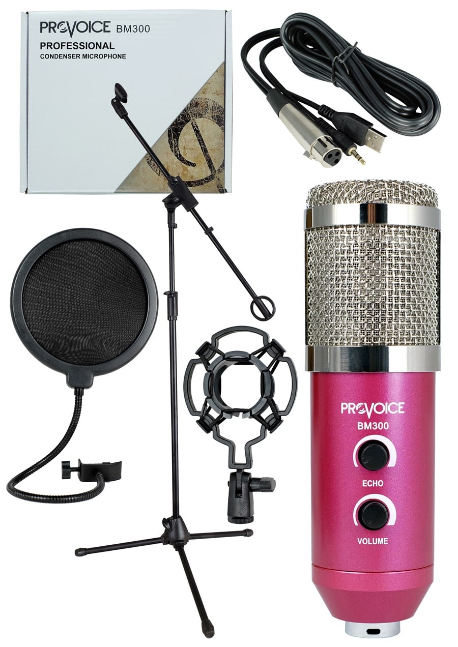 Provoice BM-300 Kayıt Mikrofonu+ Stand+ Pop Fitre+ Shock Mount (Pembe)