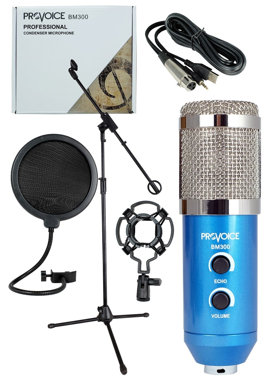 Provoice BM-300 Kayıt Mikrofonu+ Stand+ Pop Fitre+ Shock Mount (Mavi)