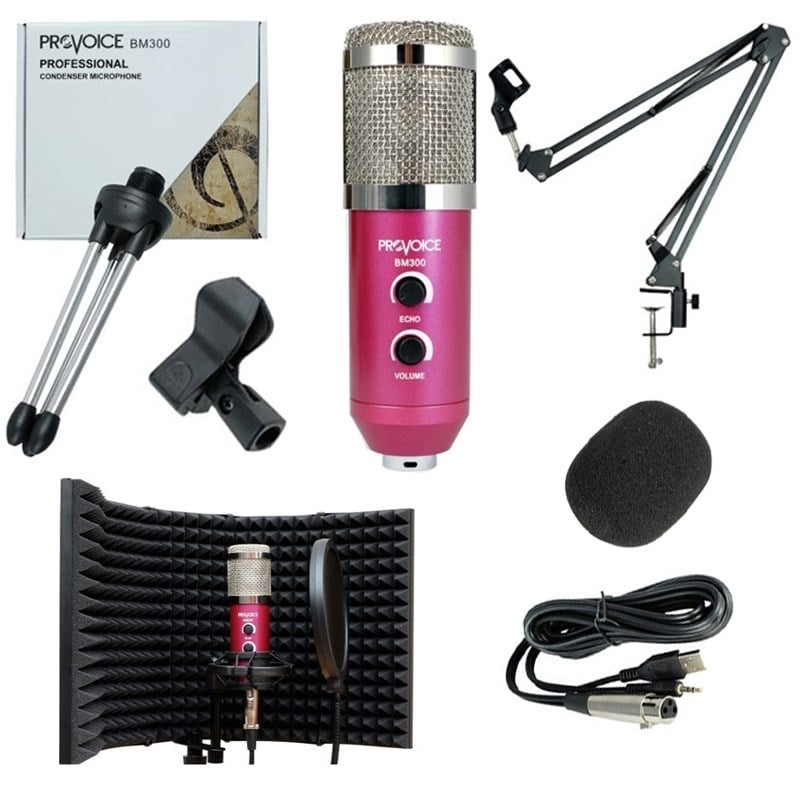 Provoice BM-300 Mikrofon+ AS-21 Stand+ Yalıtım Paneli+ Pop Filtre (Pembe Set)