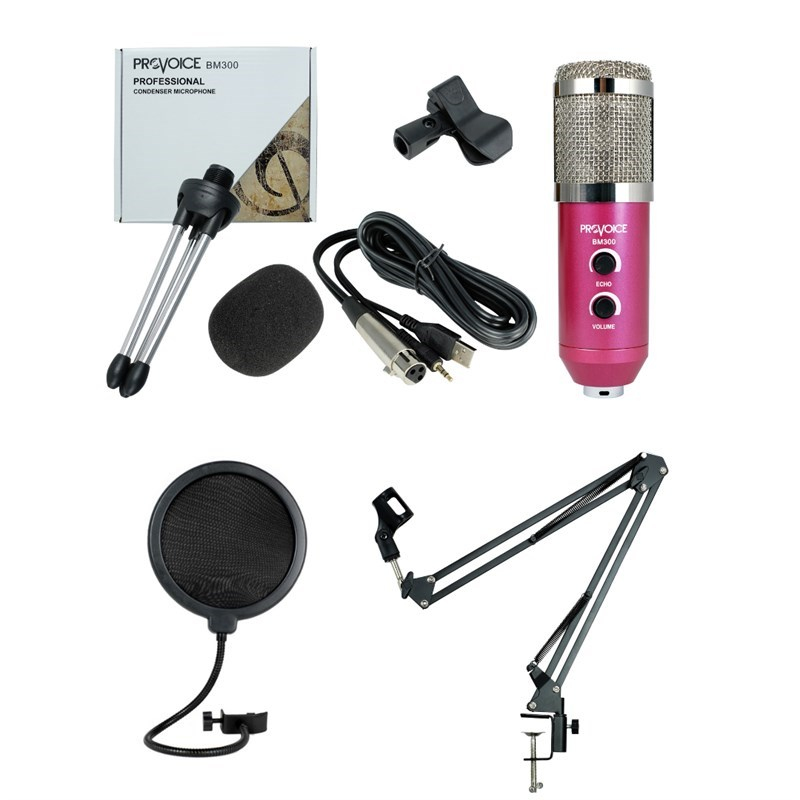Provoice BM-300 Stüdyo Mikrofon+ AS-21 Stand+ Pop Filtre Full Set (Pembe)