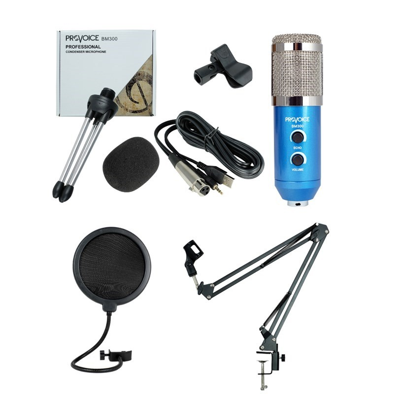 Provoice BM-300 Stüdyo Mikrofon+ AS-21 Stand+ Pop Filtre Full Set (Mavi)