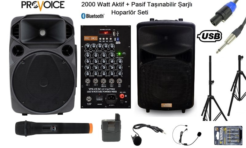 Provoice VPX-15 DCW 15'' 1200 Watt Aktif + 15'' 800 Watt Pasif Hoparlör Set