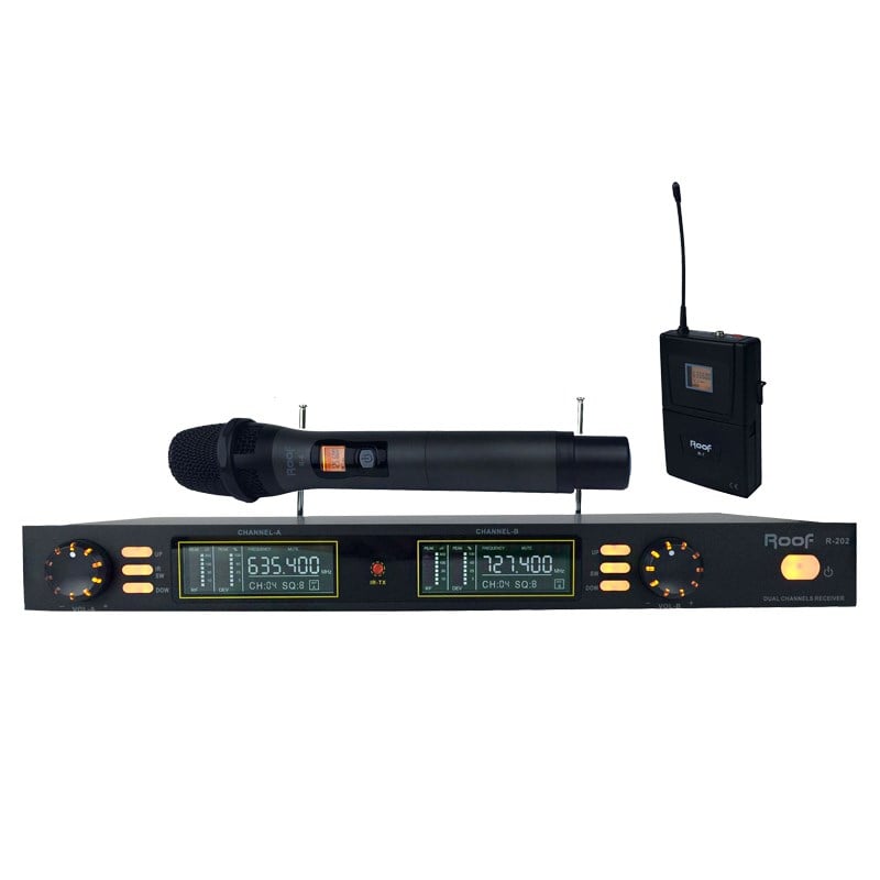 Roof R-202 UHF Band 2 Kanal Kablosuz Dijital El + Yaka Mikrofon Seti