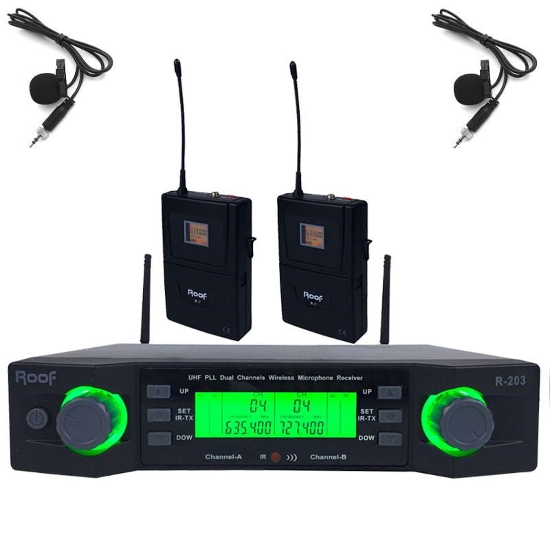 Roof R-203 UHF Band 2 Kanal Kablosuz Çift Yaka Mikrofon Seti