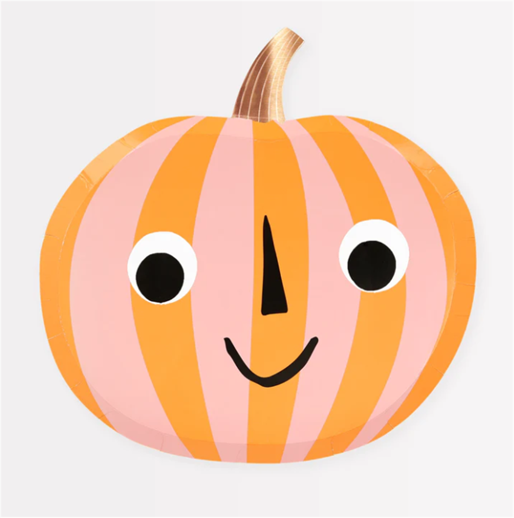 Meri Meri - Pink & Orange Stripy Pumpkin Plates - Pembe & Turuncu Çizgili Balkabağı Tabaklar (8'li) Gizden Gelenler
