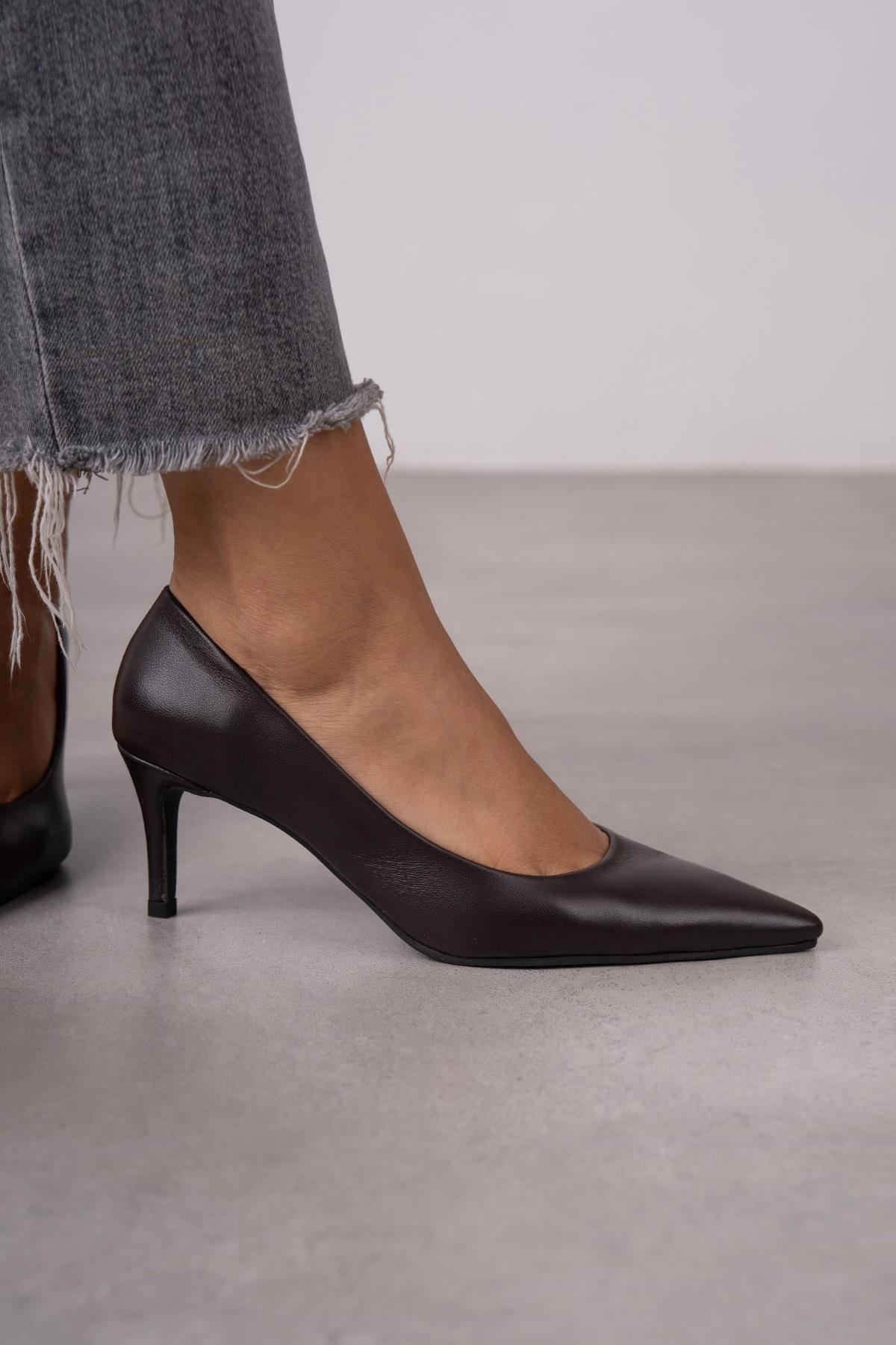 ANNA KAHVE DERİ HAKİKİ STİLETTO KAHVE