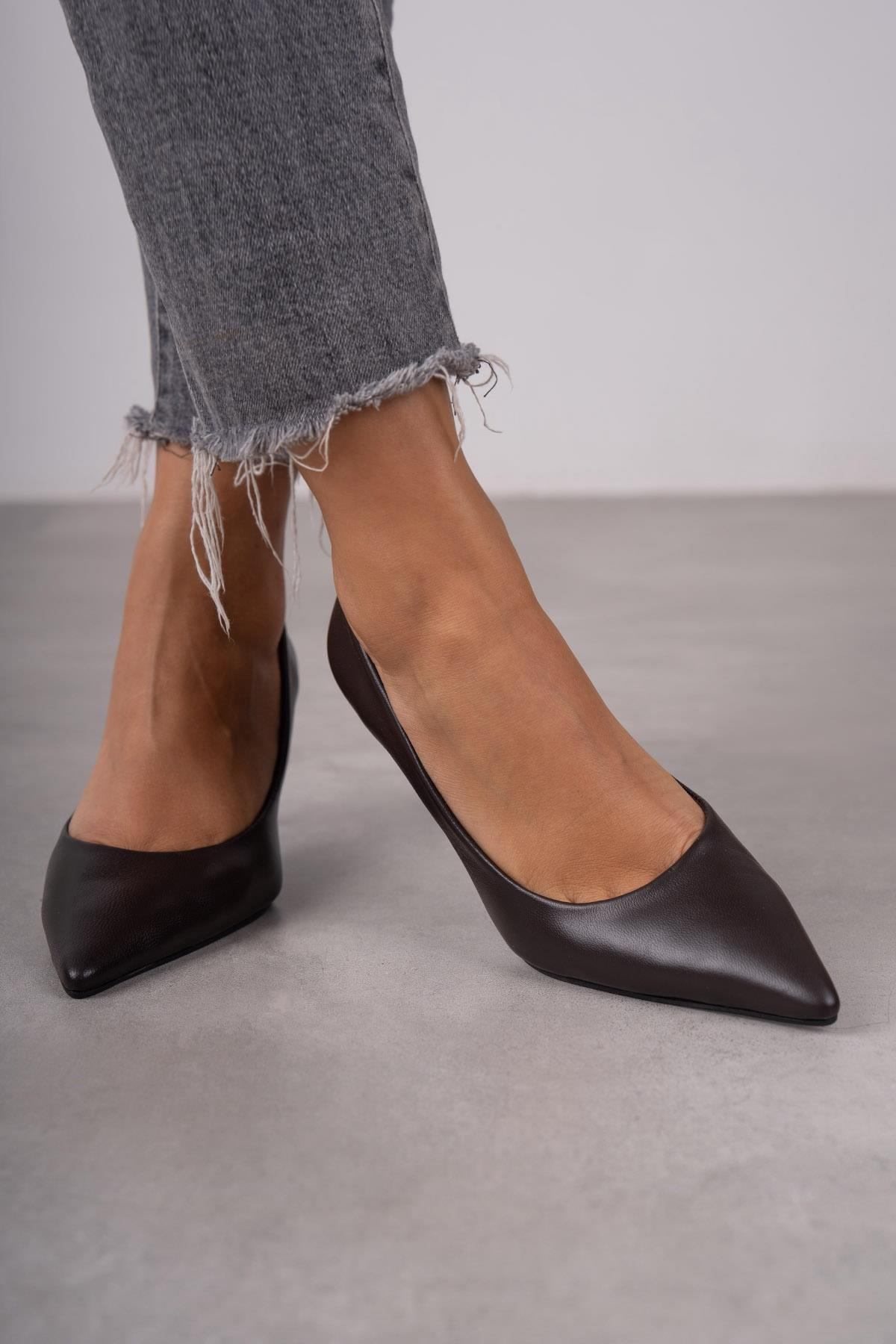 ANNA KAHVE DERİ HAKİKİ STİLETTO KAHVE