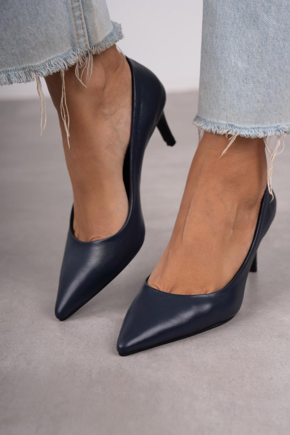 ANNA LACİVERT DERİ HAKİKİ STİLETTO LACİVERT