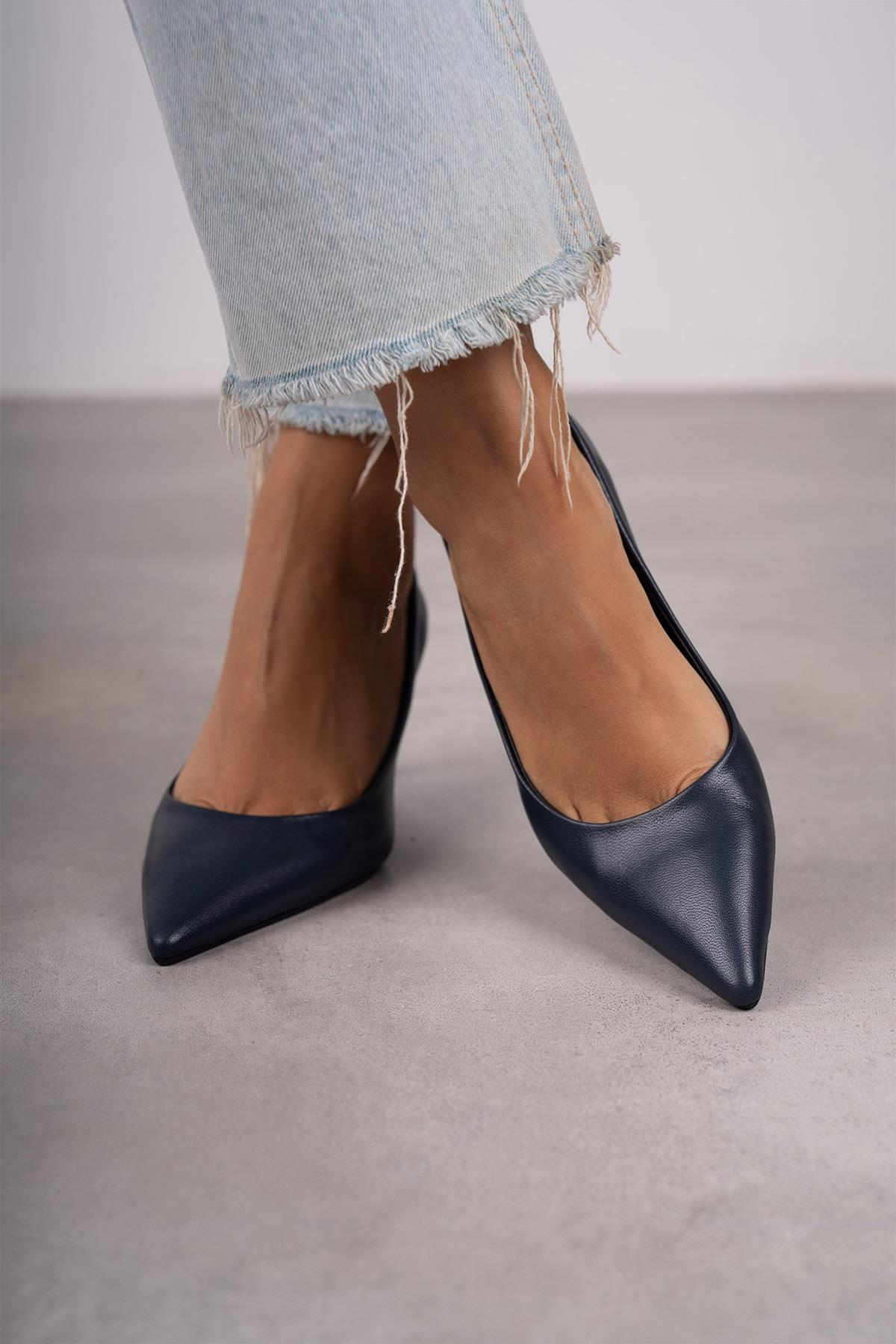 ANNA LACİVERT DERİ HAKİKİ STİLETTO LACİVERT