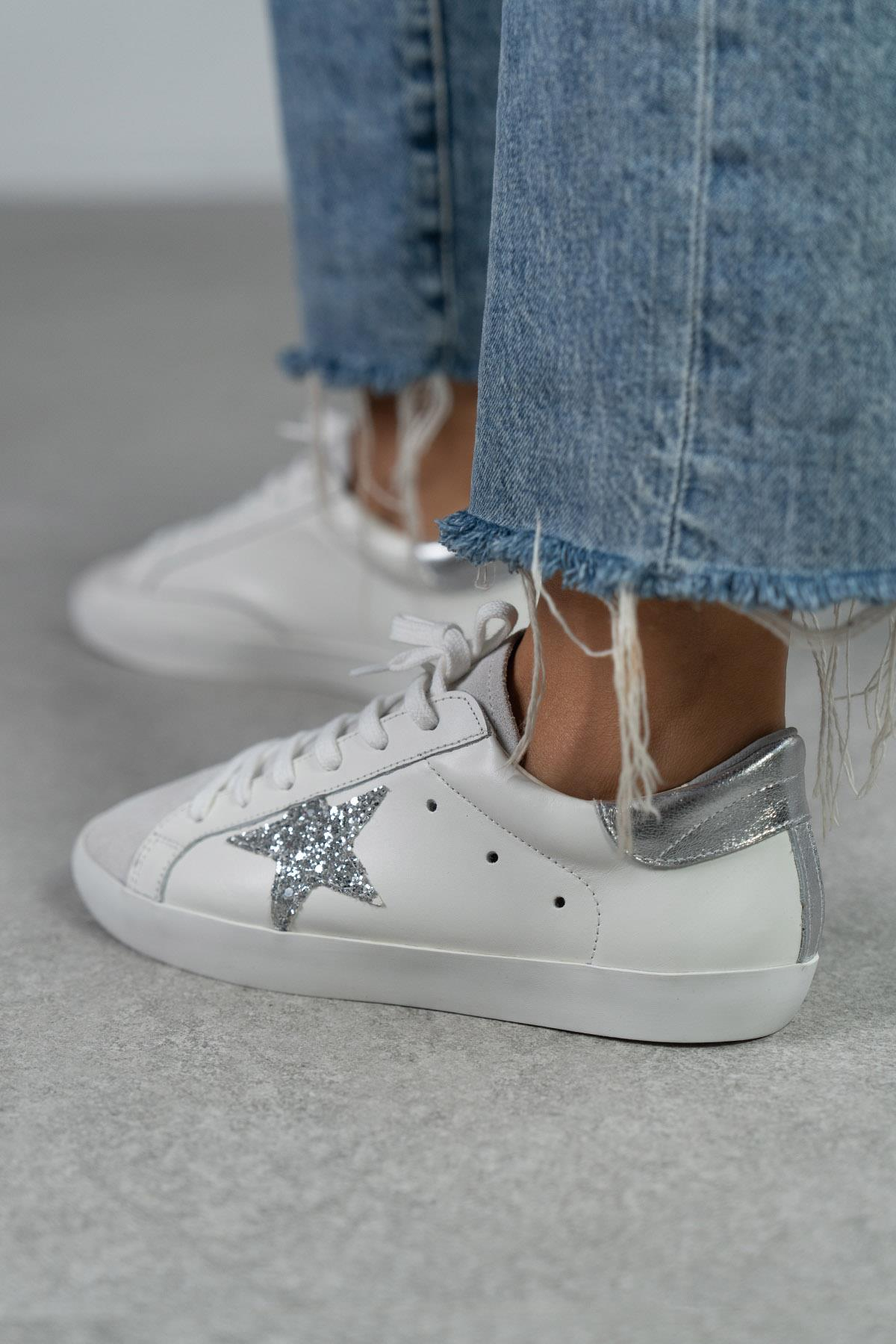 STAR BEYAZ - GÜMÜŞ SNEAKER BEYAZ DERİ