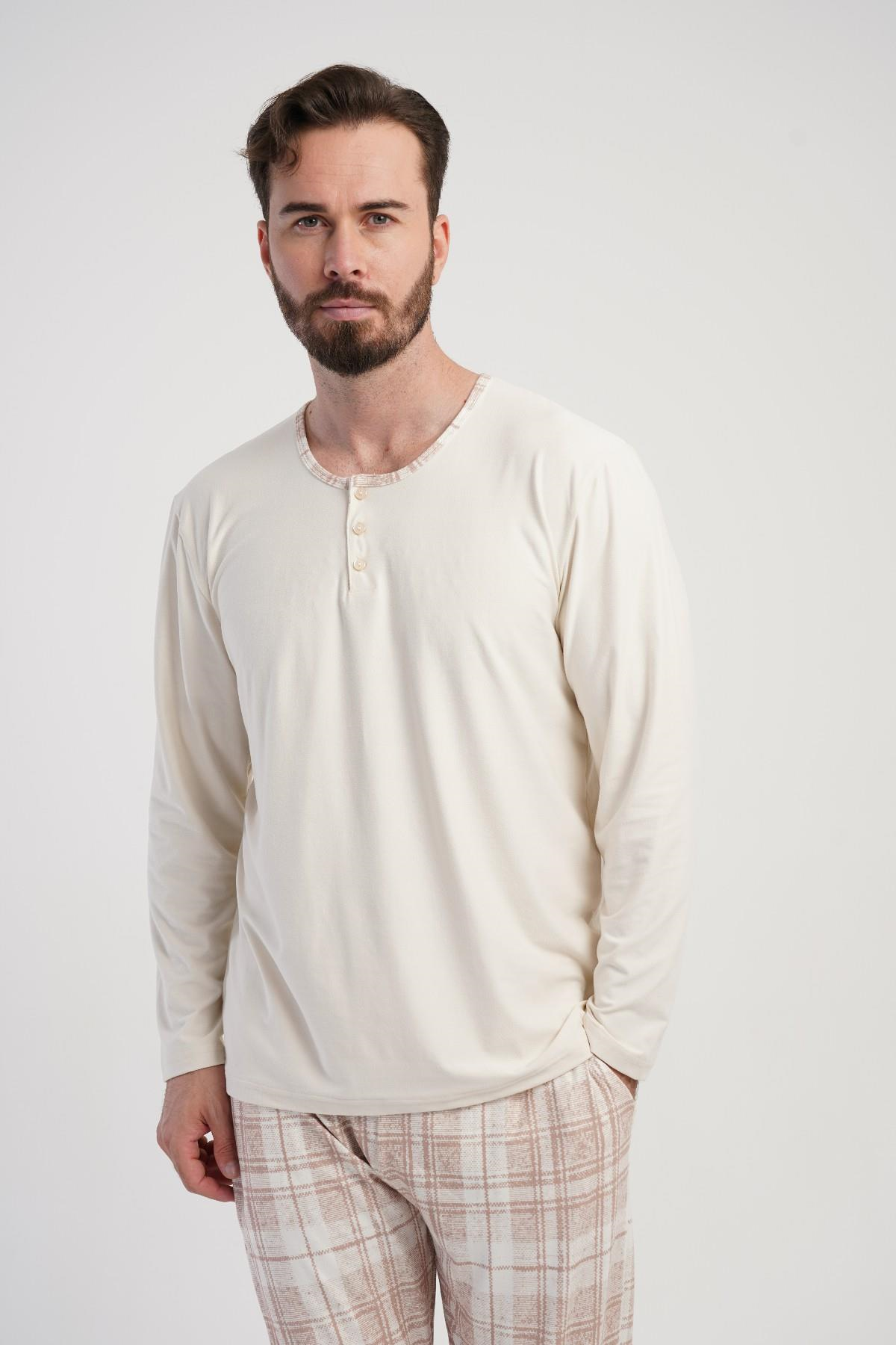 Erkek Bej Patlı Uzun Kol Battal Pijama Üstü
