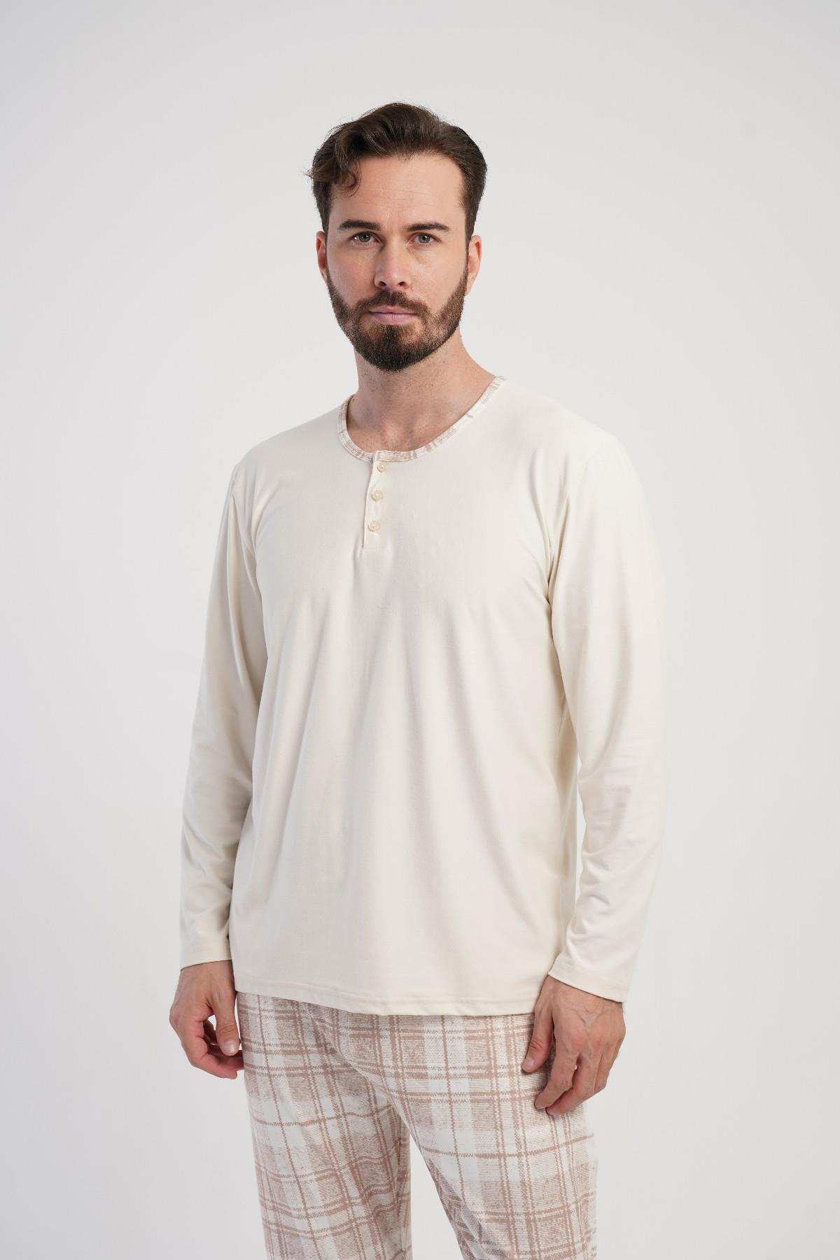 Erkek Bej Patlı Uzun Kol Battal Pijama Üstü