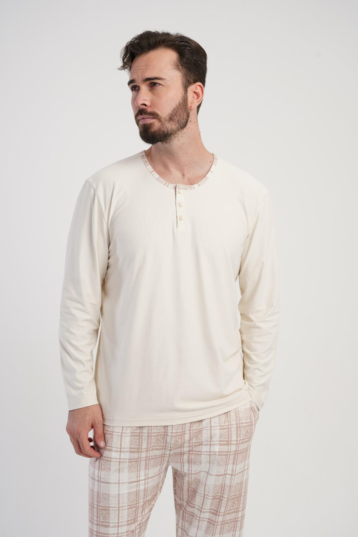 Erkek Bej Patlı Uzun Kol Battal Pijama Üstü