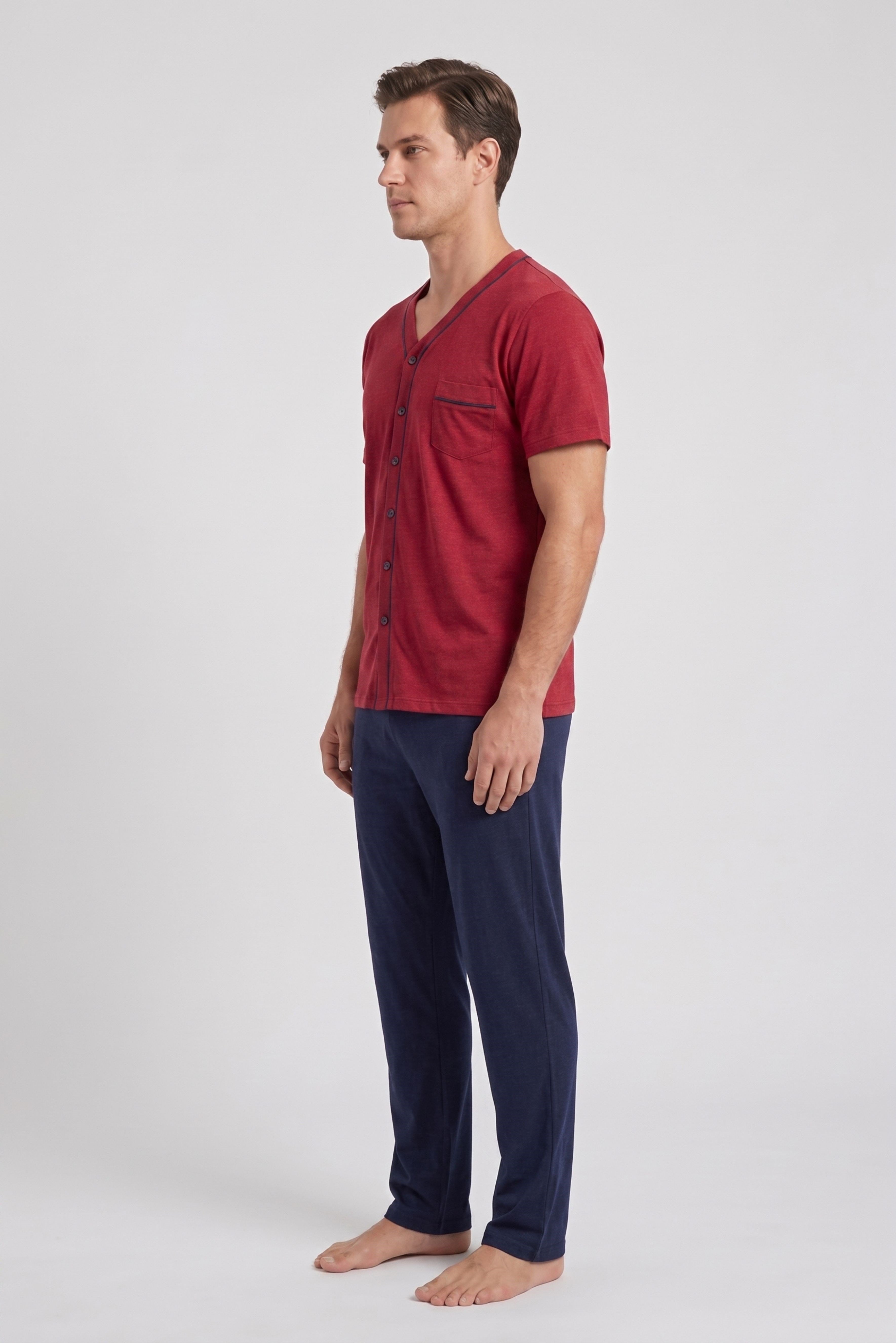Erkek Bordo Battal Önden Düğmeli Pijama Takımı