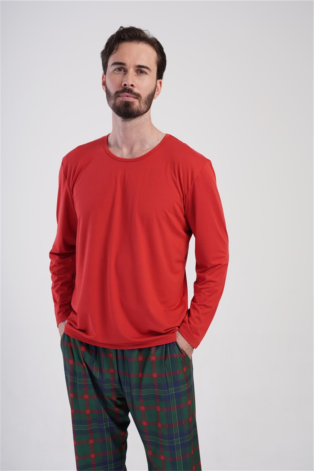 Erkek Bordo O Yaka Uzun Kol Pijama Üstü