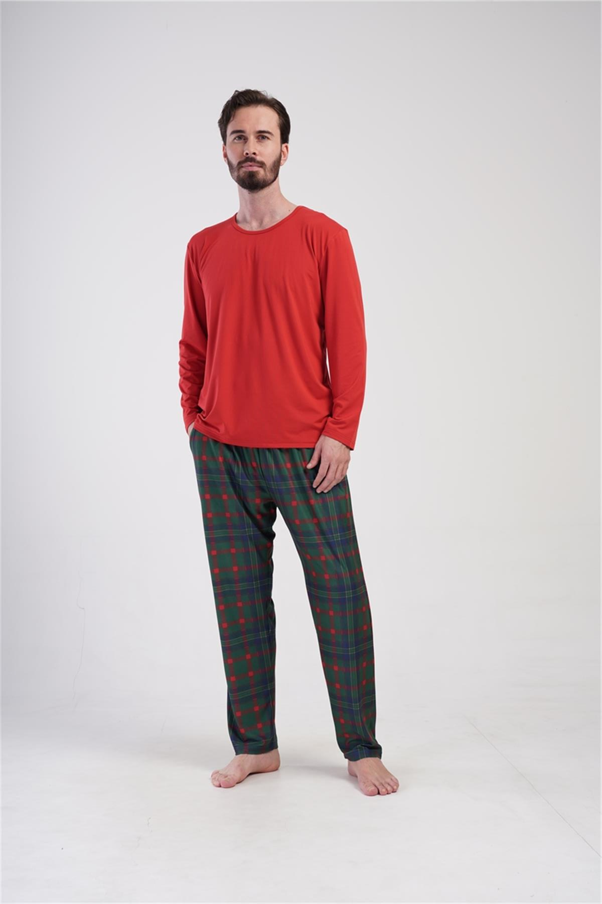 Erkek Bordo O Yaka Uzun Kol Pijama Üstü