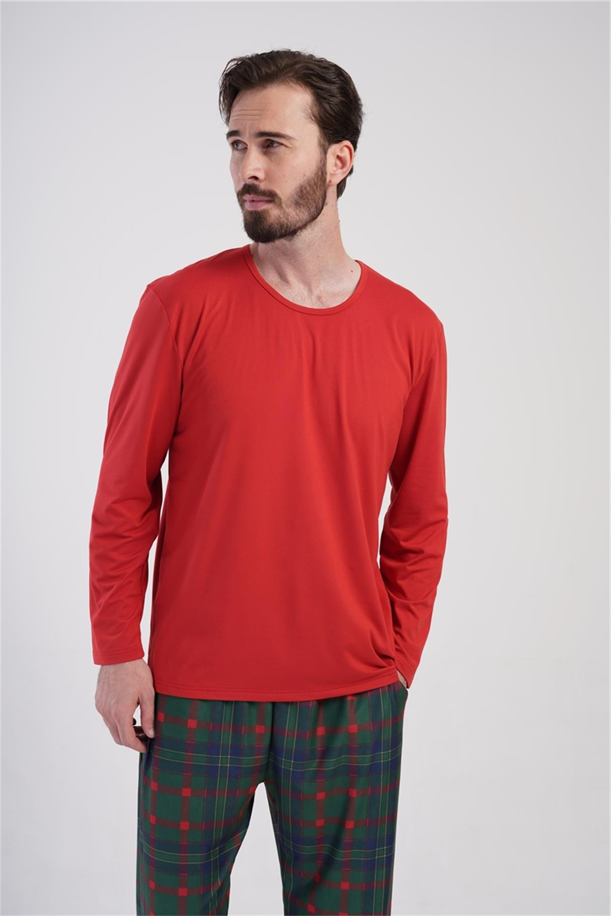 Erkek Bordo O Yaka Uzun Kol Pijama Üstü