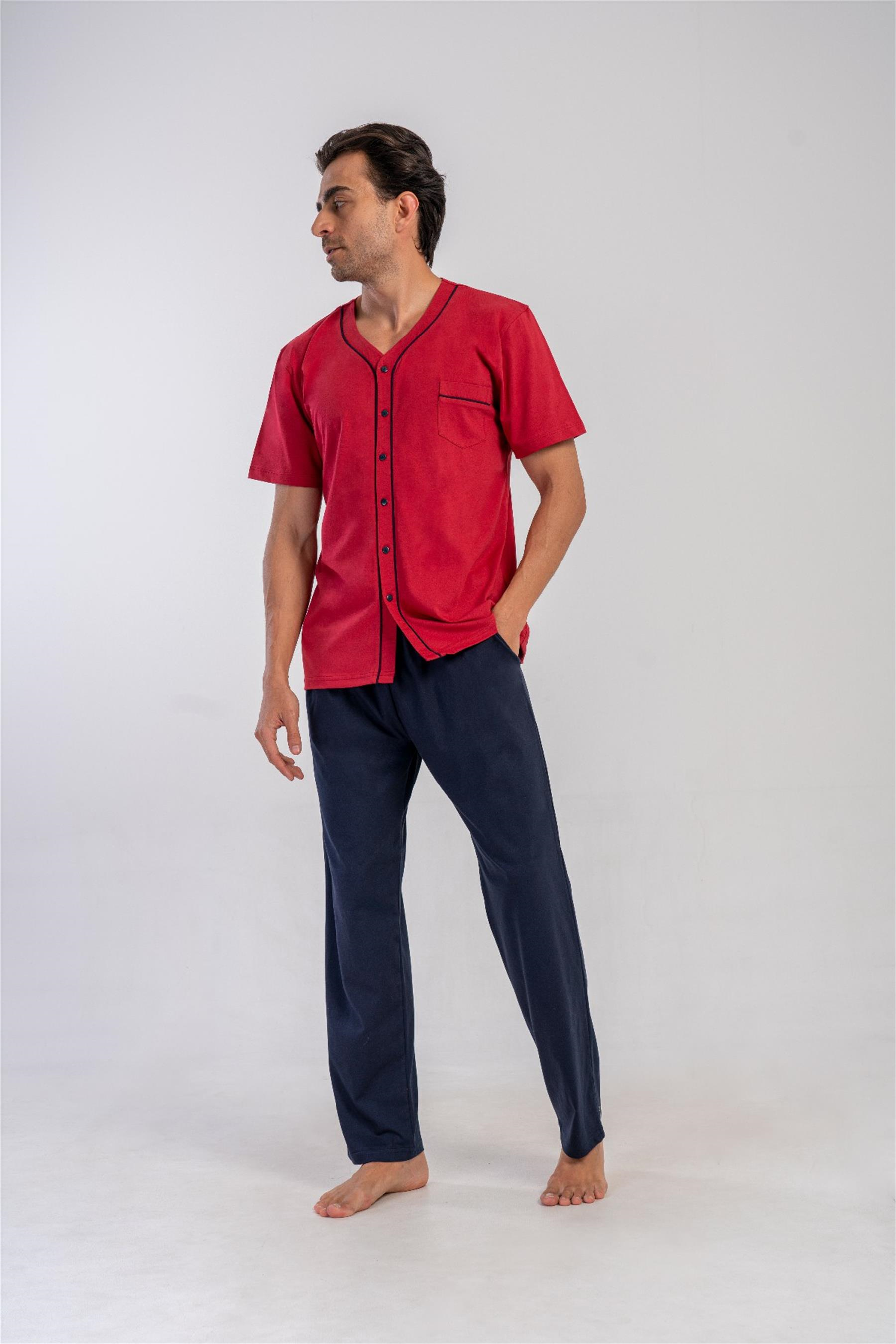 Erkek Bordo Önden Düğmeli Pijama Takımı