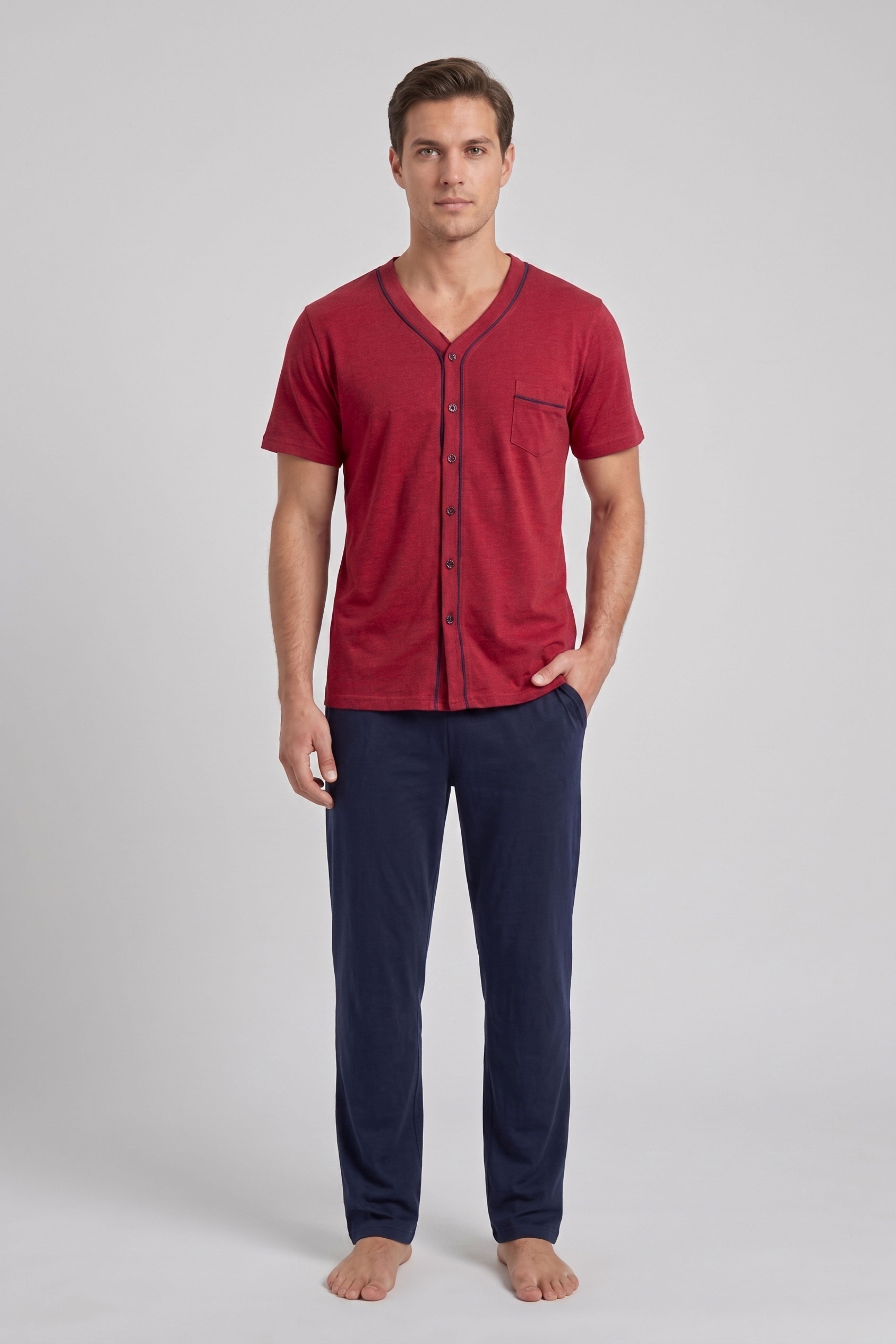 Erkek Bordo Önden Düğmeli Pijama Takımı
