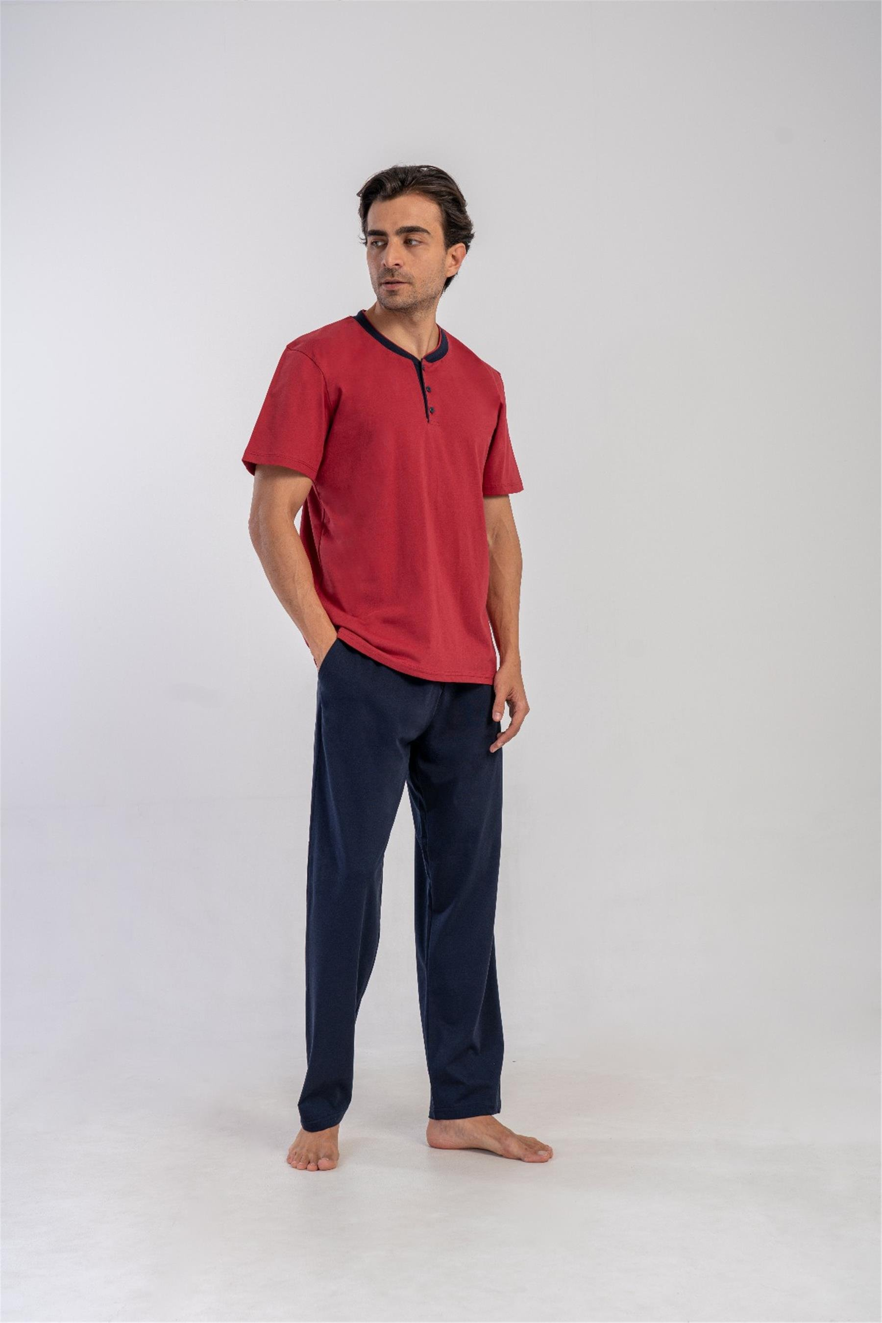 Erkek Bordo Yakası Düğme Detay Pijama Takımı